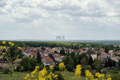 View over hills of houses